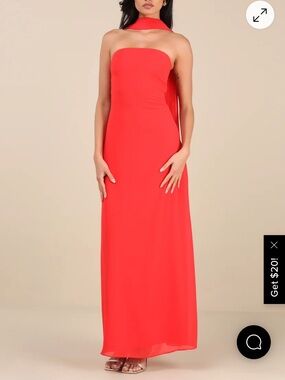 Strapless Red Evening Gown with Neck Scarf